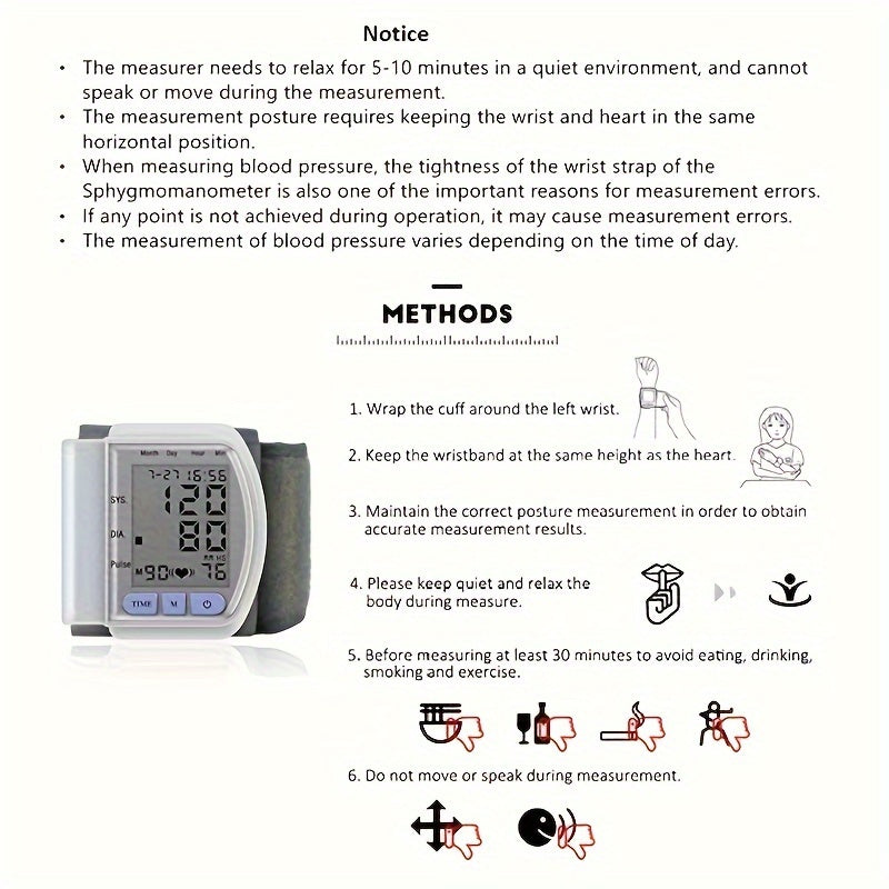 Automatic Digital Wrist Blood Pressure Monitor with Large LCD Display and Adjustable Cuff - Suitable for Adult Use, Battery Operated, 36V or Below, No Batteries Included