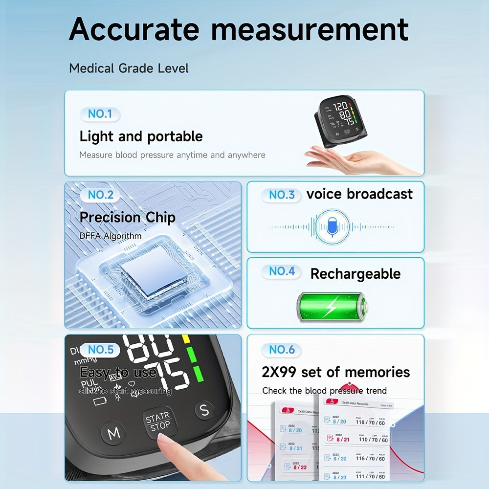 1pc Rechargeable LED Wrist Blood Pressure Monitor with Intelligent Voice Broadcast and Storage Box