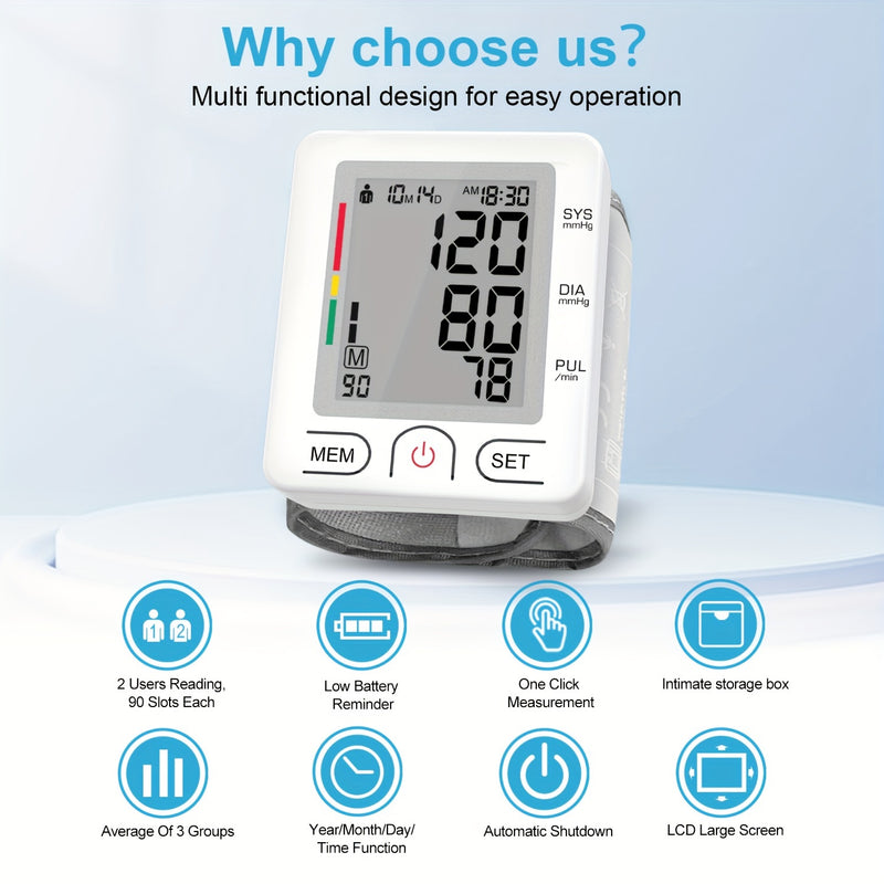 1pc Blood Pressure Monitor Wrist Blood Pressure Meter, LCD Adjustable Wrist Sleeve With Pulse Rate Meter, With Irregular Heartbeat Detection, With PP Storage Box, Battery Not Included