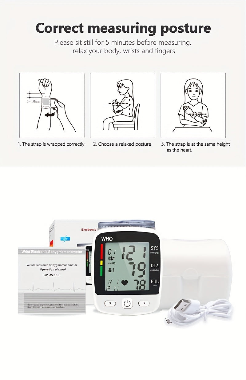 CHANGKUN Premium Wrist Blood Pressure Monitor, USB Rechargeable Automatic BP Wristband Digital Portable Adjustable Blood Pressure Monitoring, Voice Broadcast Heartbeat Reminder Large LCD Display