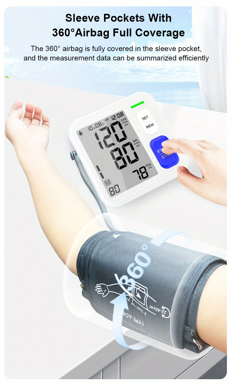 (Without Battery) Blood Pressure Monitor, Sphygmomanometer, Super Large Cuff Upper Arm, BP Cuff Automatic Upper Arm, With 8.66-16.54inch Wide Wide Cuff, 180 Sets Of Household Reading Memory, Indicator Light Prompt
