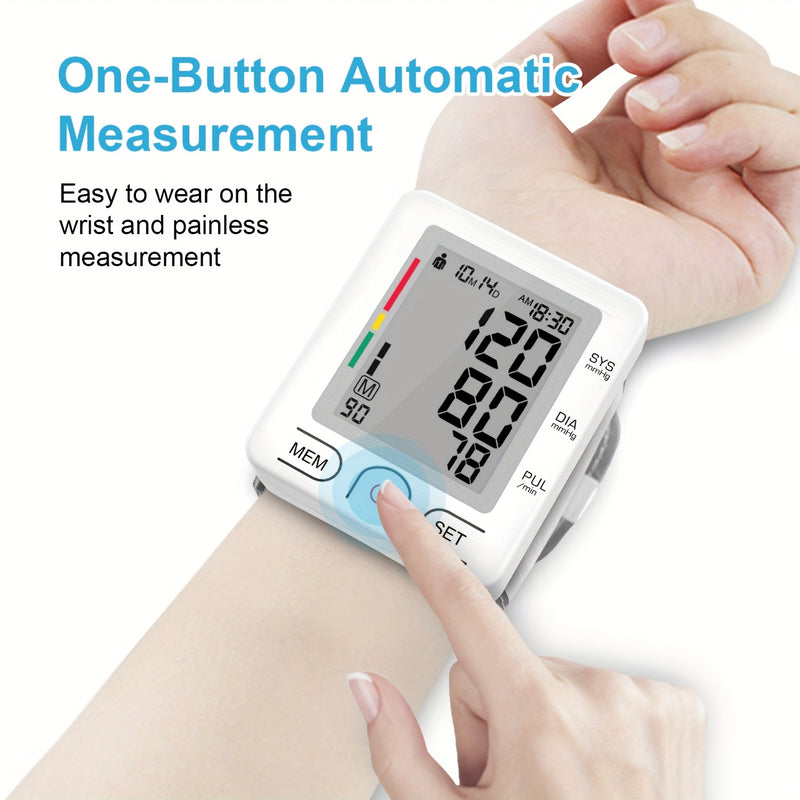 1pc Blood Pressure Monitor Wrist Blood Pressure Meter, LCD Adjustable Wrist Sleeve With Pulse Rate Meter, With Irregular Heartbeat Detection, With PP Storage Box, Battery Not Included