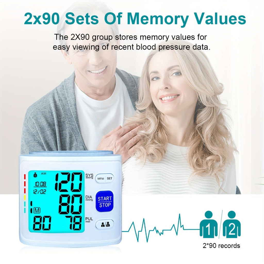 1pc Blood Pressure Monitor Wrist Blood Pressure Cuff Digital Blood Pressure Monitor 2x90 Reading Blood Pressure Monitor With PP Box For Home Use (Battery Not Included)