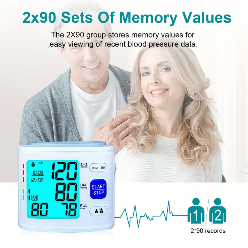 1pc Blood Pressure Monitor Wrist Blood Pressure Cuff Digital Blood Pressure Monitor 2x90 Reading Blood Pressure Monitor With PP Box For Home Use (Battery Not Included)