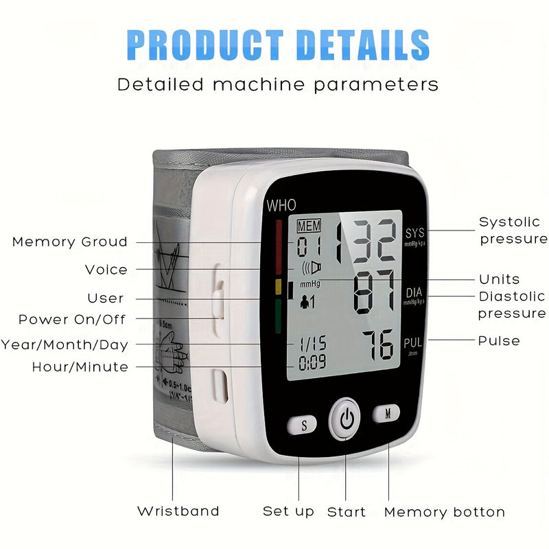 Wrist Blood Pressure Monitor Digital BP Monitor Rechargeable BP Machine With 2x99 Readings Memory Large LCD Display Voice Broadcast Portable Carrying