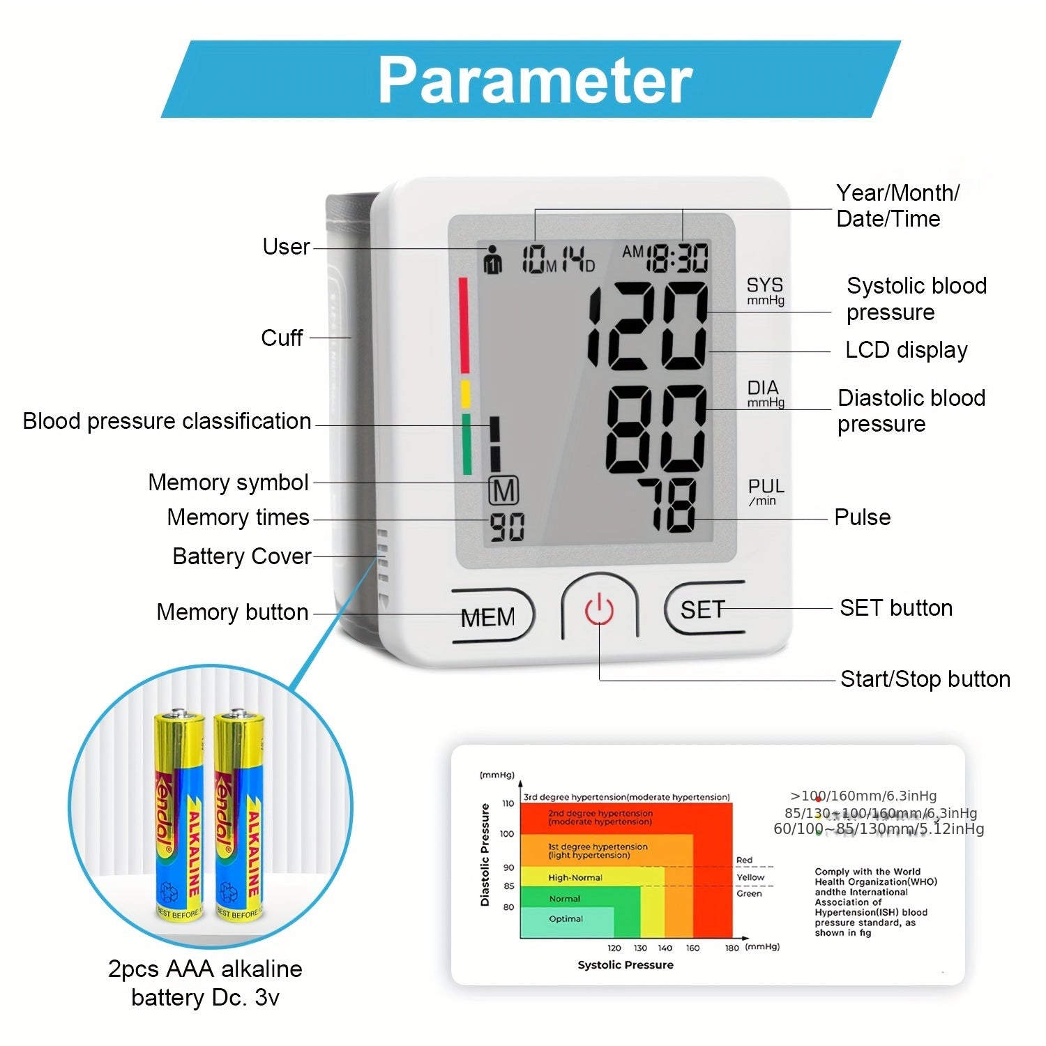 1pc Blood Pressure Monitor Wrist Blood Pressure Meter, LCD Adjustable Wrist Sleeve With Pulse Rate Meter, With Irregular Heartbeat Detection, With PP Storage Box, Battery Not Included