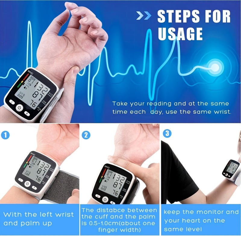 Wrist Blood Pressure Monitor Digital BP Monitor Rechargeable BP Machine With 2x99 Readings Memory Large LCD Display Voice Broadcast Portable Carrying