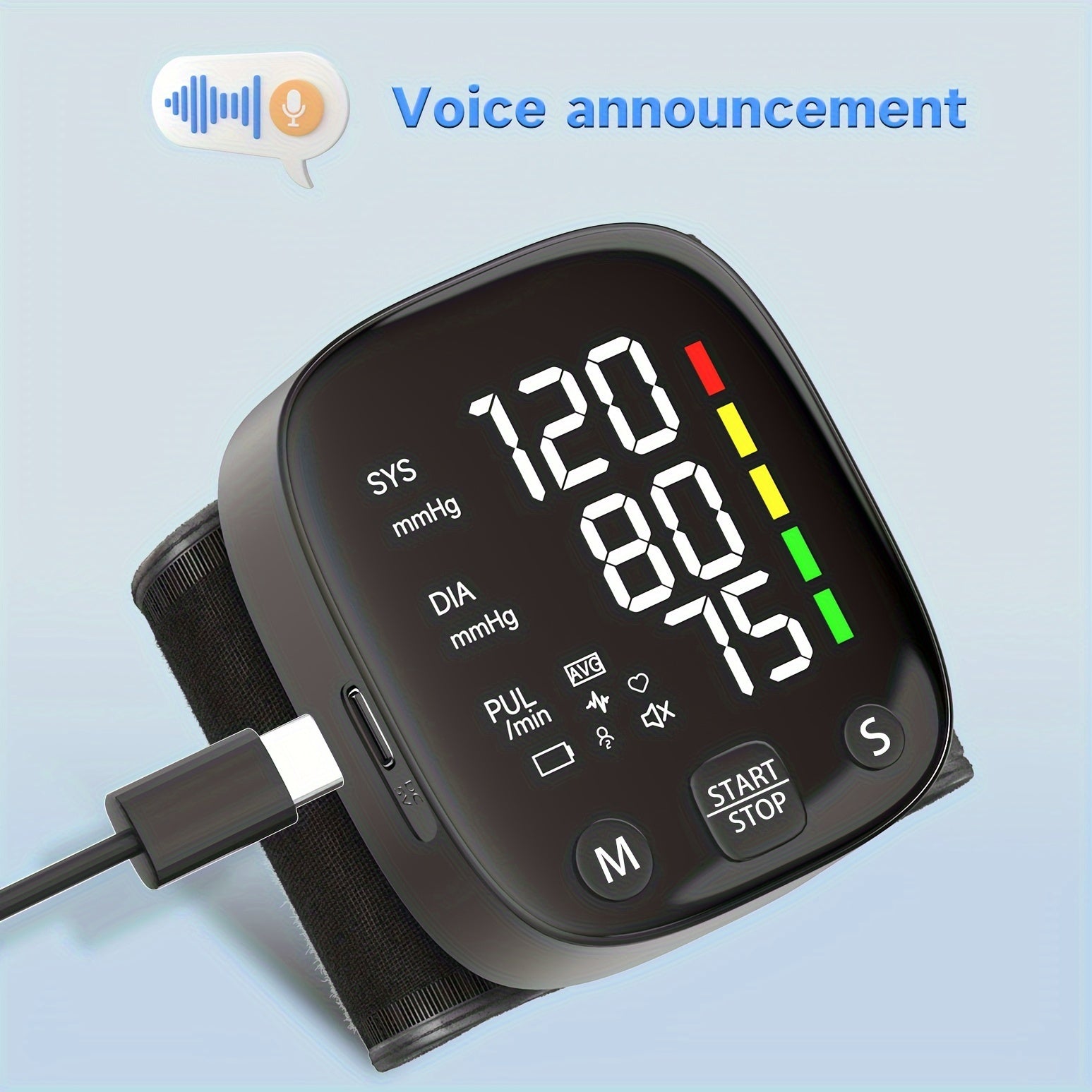1pc Rechargeable LED Wrist Blood Pressure Monitor with Intelligent Voice Broadcast and Storage Box