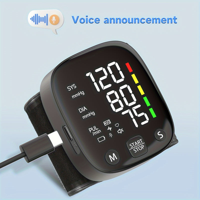 1pc Rechargeable LED Wrist Blood Pressure Monitor with Intelligent Voice Broadcast and Storage Box