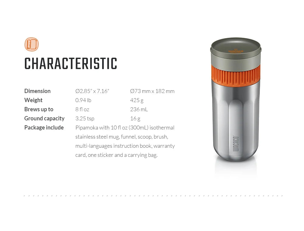 WACACO Pipamoka, All-in-one Vacuum Pressured Portable Coffee Maker, Insulated Travel Mug, Hand Powered and Pressure Brewer