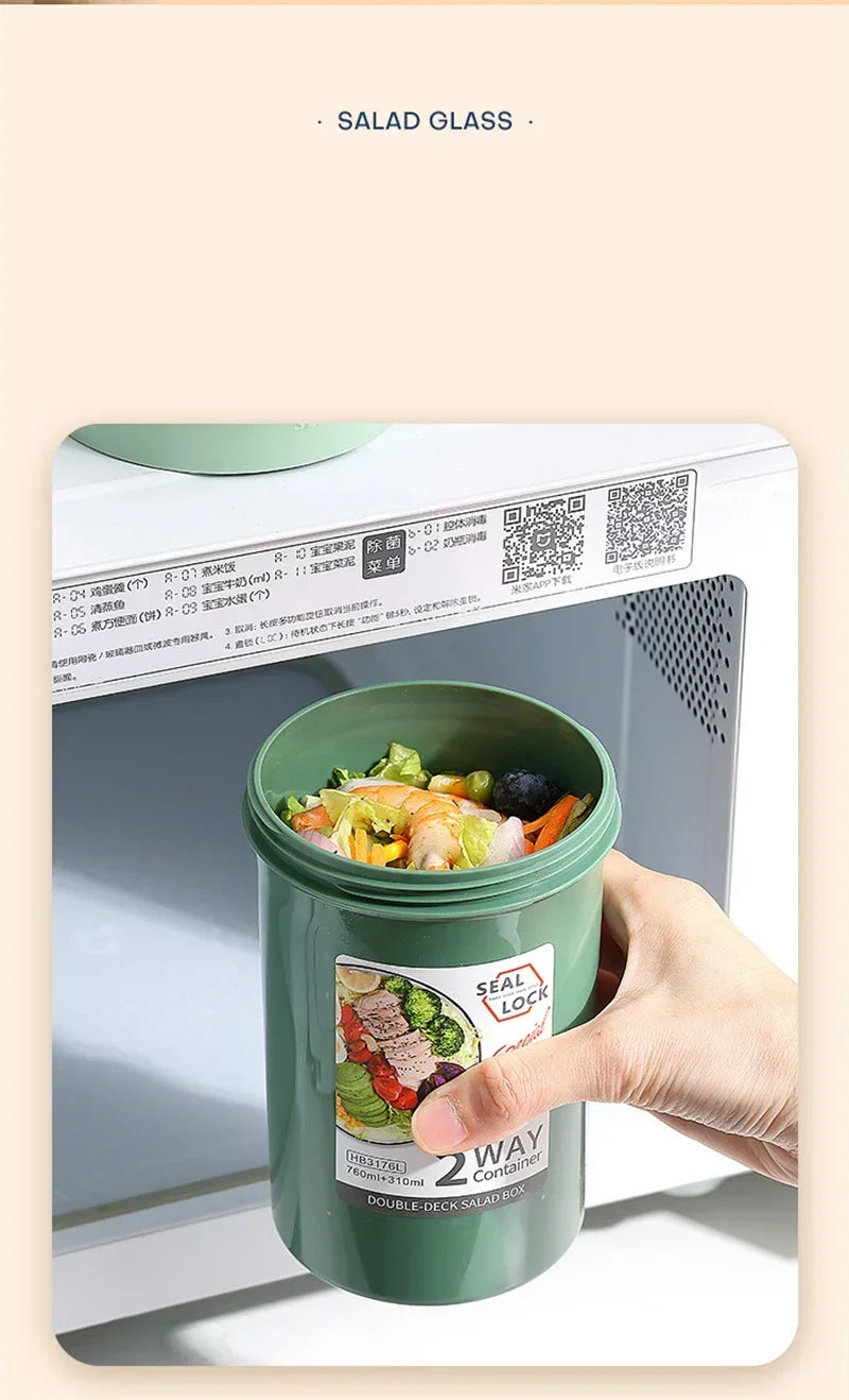 Bento Lunch Box Salad Oatmeal Breakfast Double Cup Cereal Nut Yogurt Container Set with Dressing Holder Fork Meal Preparation