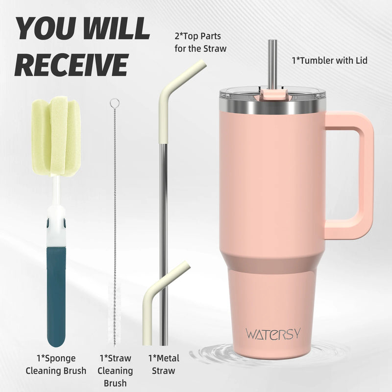 WATERSY 20/30/40oz Tumbler with Handle & Straw, Large Capacity Stainless Steel Thermal Cup, Vacuum Insulated Mug for Car, Travel