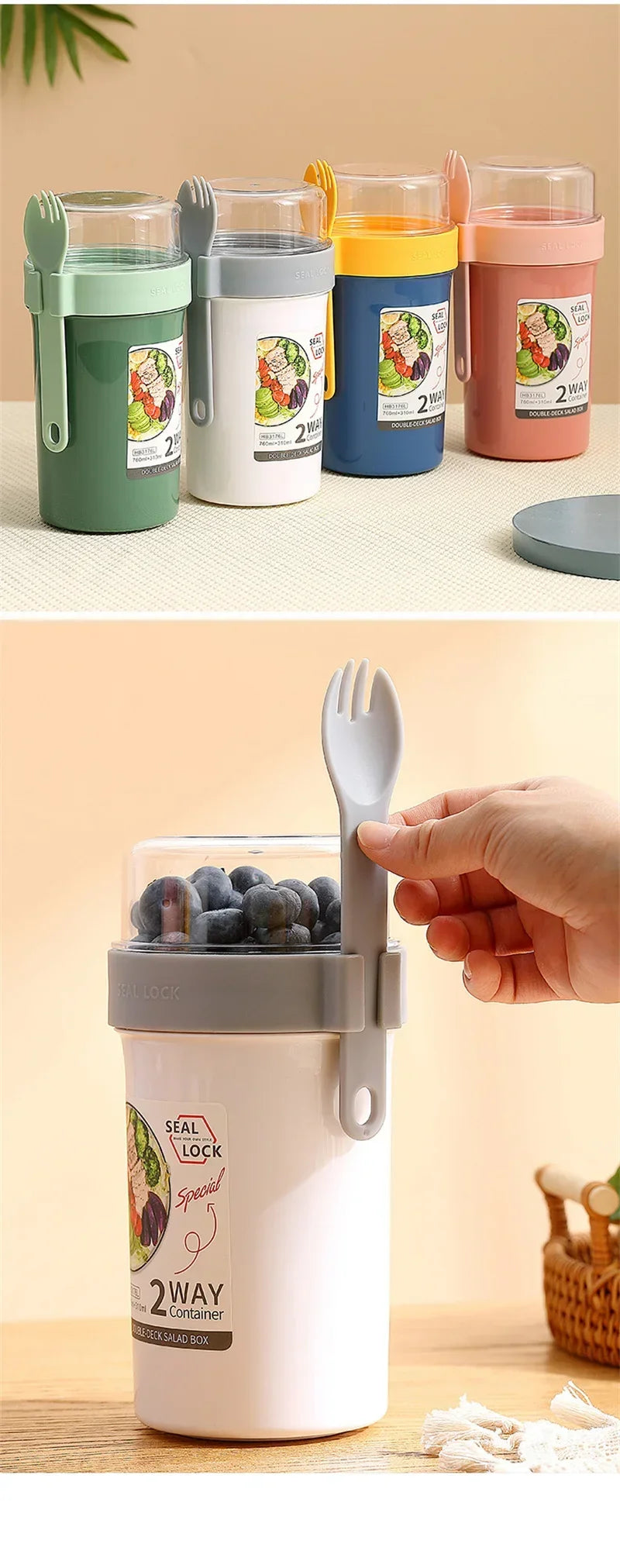 Bento Lunch Box Salad Oatmeal Breakfast Double Cup Cereal Nut Yogurt Container Set with Dressing Holder Fork Meal Preparation