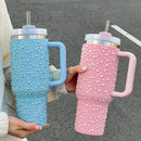 40oz Stainless Steel Vacuum Insulated Tumbler with Pearls & Rhinestones, Wide Handle Car Cup Holder Compatible