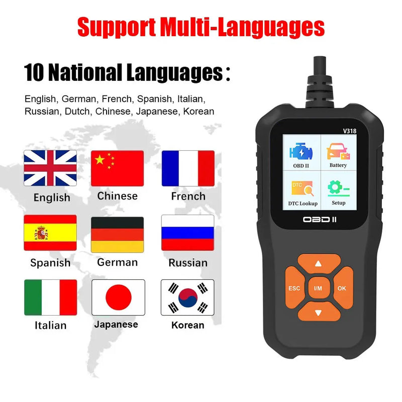 V318 Auto Diagnostic Tool Scanner Automobile Battery Tester OBD2 Automobile Clear Fault Detects Support Multiple Languages