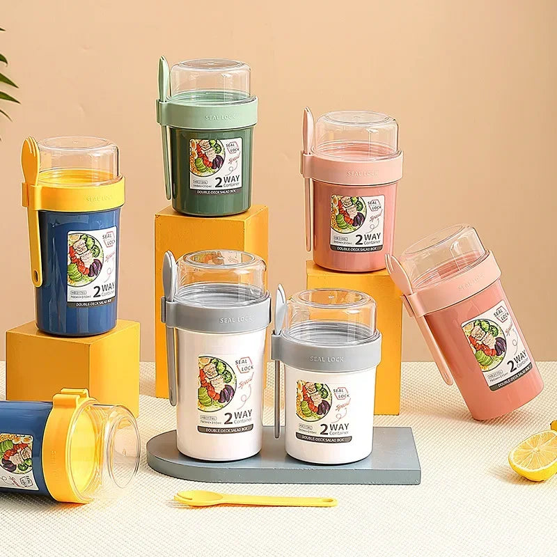 Bento Lunch Box Salad Oatmeal Breakfast Double Cup Cereal Nut Yogurt Container Set with Dressing Holder Fork Meal Preparation