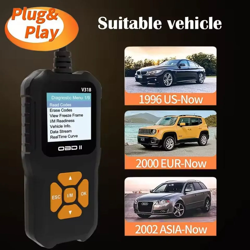 V318 Auto Diagnostic Tool Scanner Automobile Battery Tester OBD2 Automobile Clear Fault Detects Support Multiple Languages