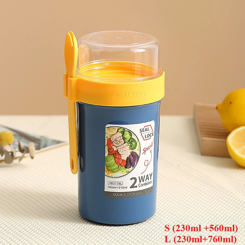 Bento Lunch Box Salad Oatmeal Breakfast Double Cup Cereal Nut Yogurt Container Set with Dressing Holder Fork Meal Preparation