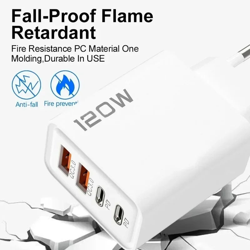 4 Port 120W Fast USB C Charger Wall Adapter 10A Type C Data Cable For iPhone Samsung Xiaomi Huawei Phone EU US UK USB Charger