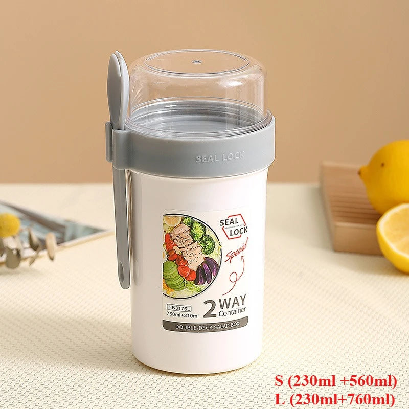 Bento Lunch Box Salad Oatmeal Breakfast Double Cup Cereal Nut Yogurt Container Set with Dressing Holder Fork Meal Preparation