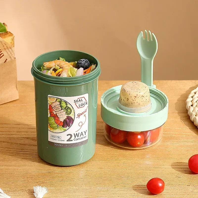 Bento Lunch Box Salad Oatmeal Breakfast Double Cup Cereal Nut Yogurt Container Set with Dressing Holder Fork Meal Preparation