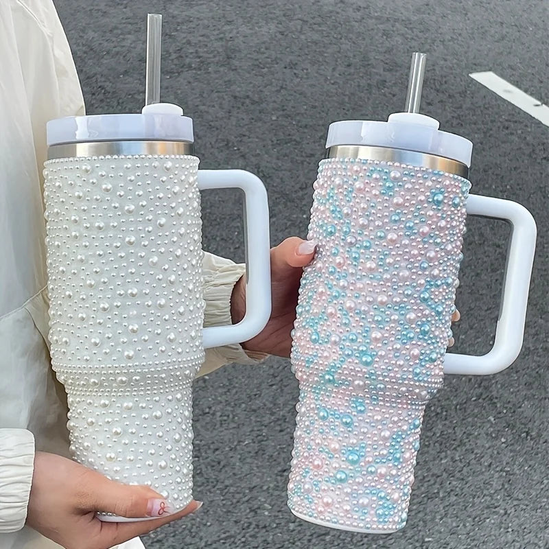 40oz Stainless Steel Vacuum Insulated Tumbler with Pearls & Rhinestones, Wide Handle Car Cup Holder Compatible