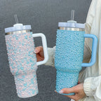 40oz Stainless Steel Vacuum Insulated Tumbler with Pearls & Rhinestones, Wide Handle Car Cup Holder Compatible