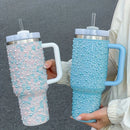 40oz Stainless Steel Vacuum Insulated Tumbler with Pearls & Rhinestones, Wide Handle Car Cup Holder Compatible