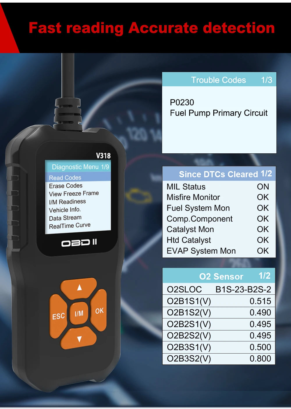 V318 Auto Diagnostic Tool Scanner Automobile Battery Tester OBD2 Automobile Clear Fault Detects Support Multiple Languages