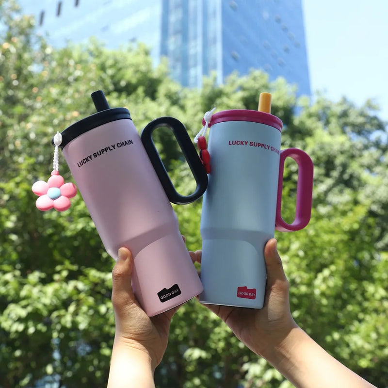 Cute Tumbler With Straw Handle Filter 750ml Large Thermos Bottle Stainless Steel Vacuum Water Bottle For Woman Office Travel Gym