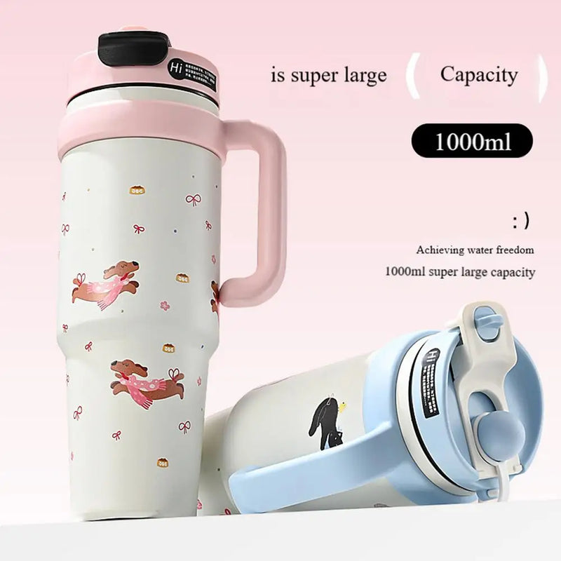 Large Tumbler With Handle And Straw Insulated Cup Holder Bottle For Hot Cold Drink 1000ml Reusable Tumblers Cupholder Iced