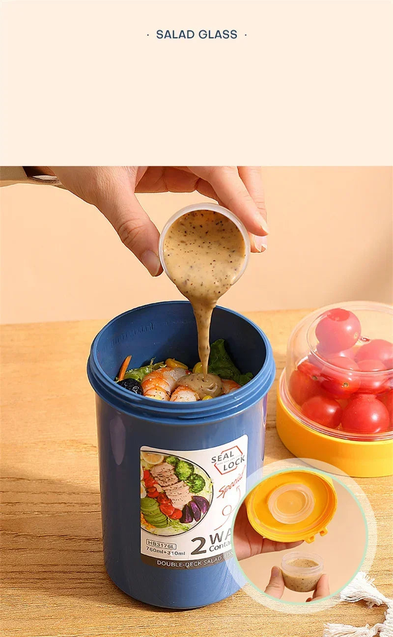 Bento Lunch Box Salad Oatmeal Breakfast Double Cup Cereal Nut Yogurt Container Set with Dressing Holder Fork Meal Preparation
