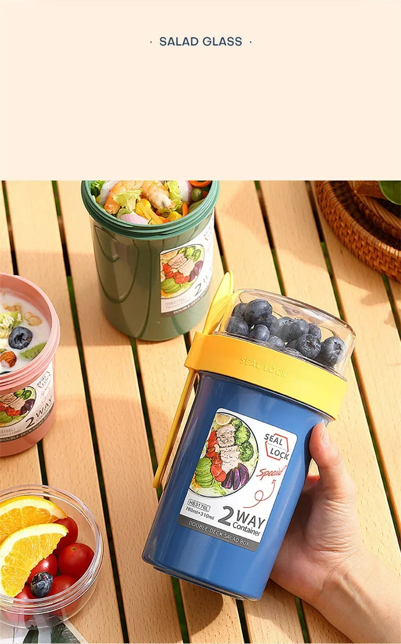 Bento Lunch Box Salad Oatmeal Breakfast Double Cup Cereal Nut Yogurt Container Set with Dressing Holder Fork Meal Preparation