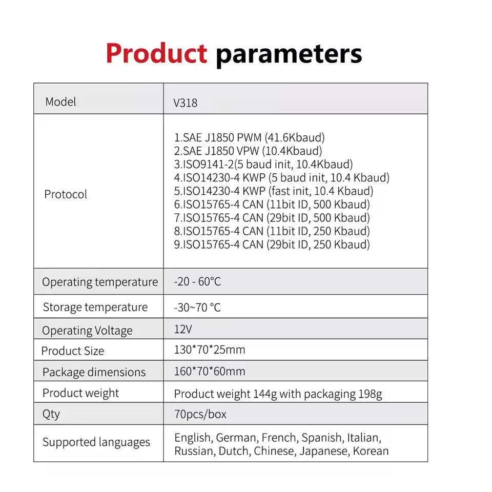V318 Auto Diagnostic Tool Scanner Automobile Battery Tester OBD2 Automobile Clear Fault Detects Support Multiple Languages