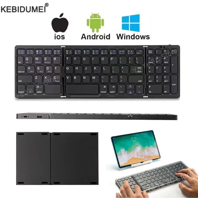Folding Bluetooth Keyboard with Numeric Keypad Wireless Foldable Keyboard for iOS Android Windows Support 3 Devices