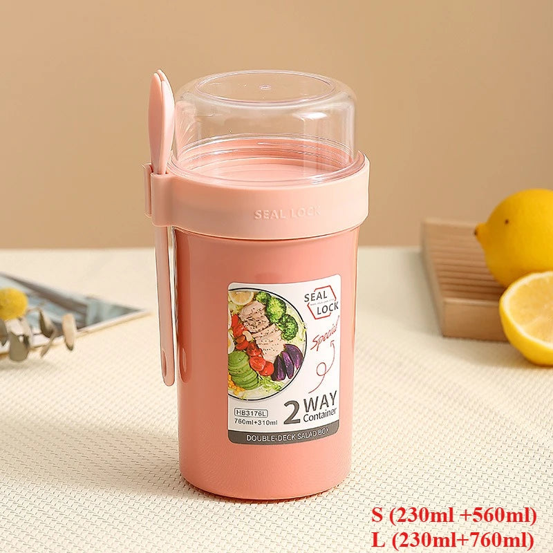 Bento Lunch Box Salad Oatmeal Breakfast Double Cup Cereal Nut Yogurt Container Set with Dressing Holder Fork Meal Preparation