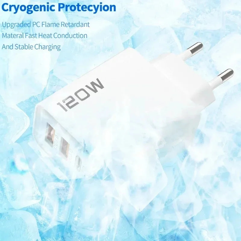 4 Port 120W Fast USB C Charger Wall Adapter 10A Type C Data Cable For iPhone Samsung Xiaomi Huawei Phone EU US UK USB Charger