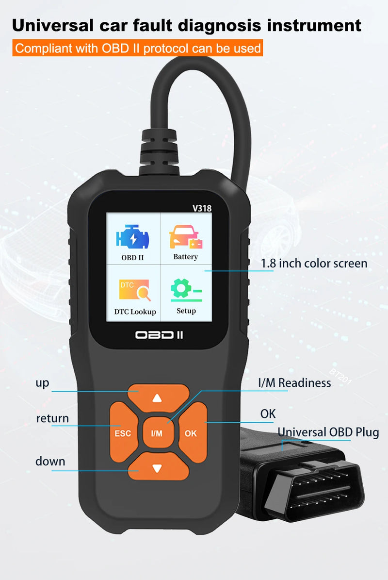 V318 Auto Diagnostic Tool Scanner Automobile Battery Tester OBD2 Automobile Clear Fault Detects Support Multiple Languages