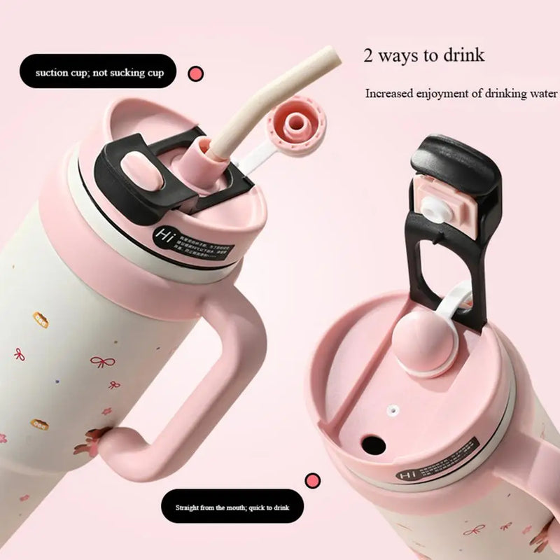 Large Tumbler With Handle And Straw Insulated Cup Holder Bottle For Hot Cold Drink 1000ml Reusable Tumblers Cupholder Iced