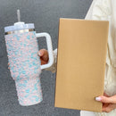 40oz Stainless Steel Vacuum Insulated Tumbler with Pearls & Rhinestones, Wide Handle Car Cup Holder Compatible
