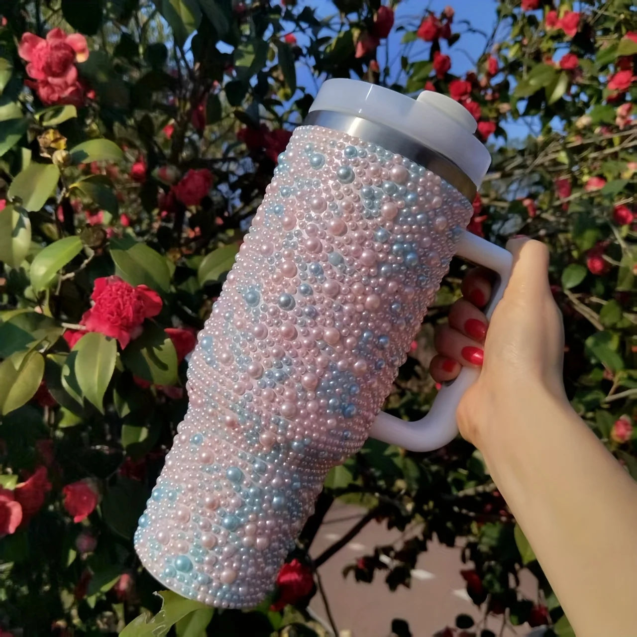 40oz Stainless Steel Vacuum Insulated Tumbler with Pearls & Rhinestones, Wide Handle Car Cup Holder Compatible