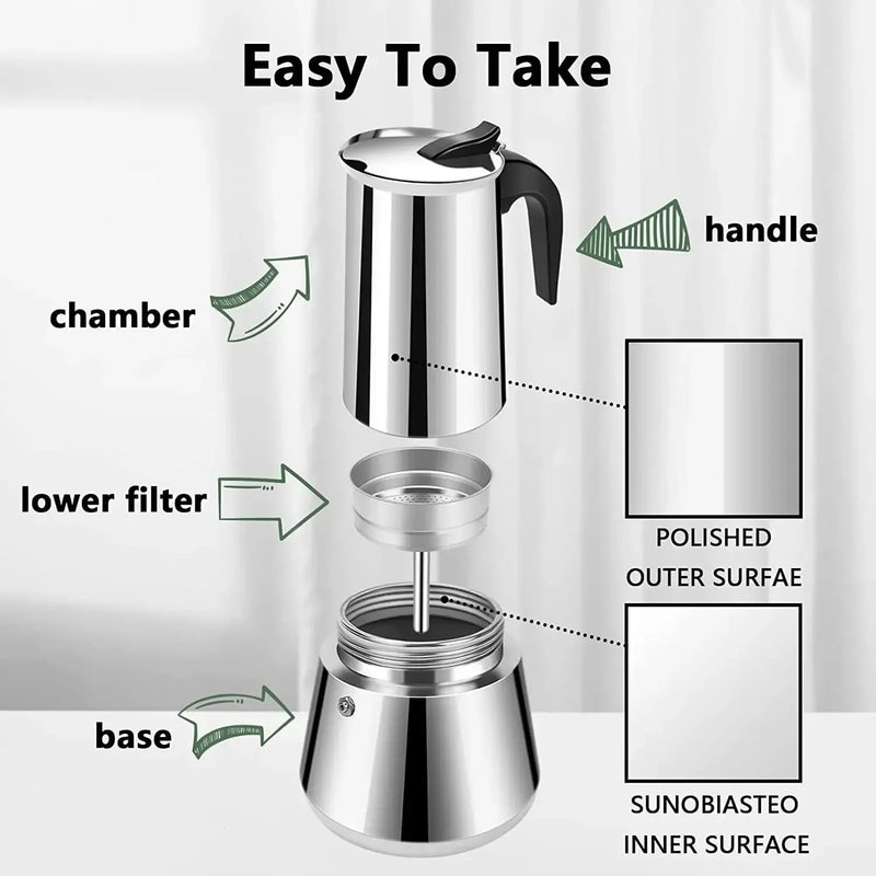 Moka Pot Machine Mocha Latte Pot Stainless Steel Mocha Espresso Coffee for Office Kitchen Italian Coffee Maker 2/4/6/9/12 Cups
