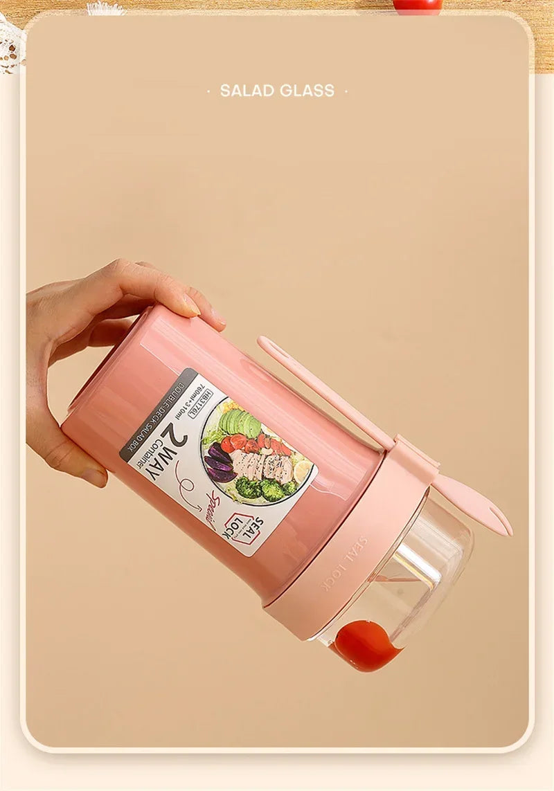 Bento Lunch Box Salad Oatmeal Breakfast Double Cup Cereal Nut Yogurt Container Set with Dressing Holder Fork Meal Preparation