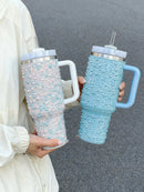 40oz Stainless Steel Vacuum Insulated Tumbler with Pearls & Rhinestones, Wide Handle Car Cup Holder Compatible