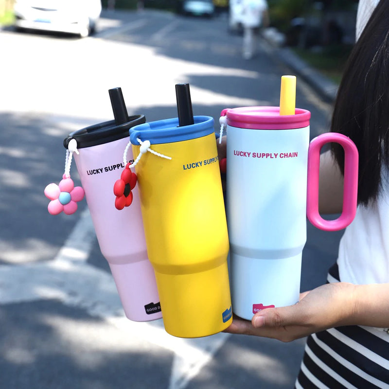 Cute Tumbler With Straw Handle Filter 750ml Large Thermos Bottle Stainless Steel Vacuum Water Bottle For Woman Office Travel Gym