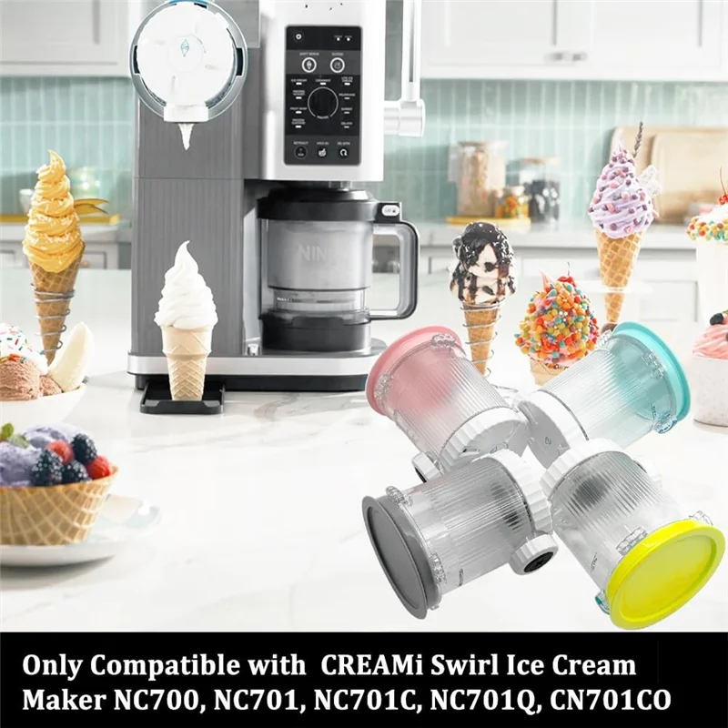 B47B-Soft Serve Maker Ice Cream& For Ninja NC701 NC700 Series Swirl Creami Machines 4 PCS 16 Oz Container Pints Lids