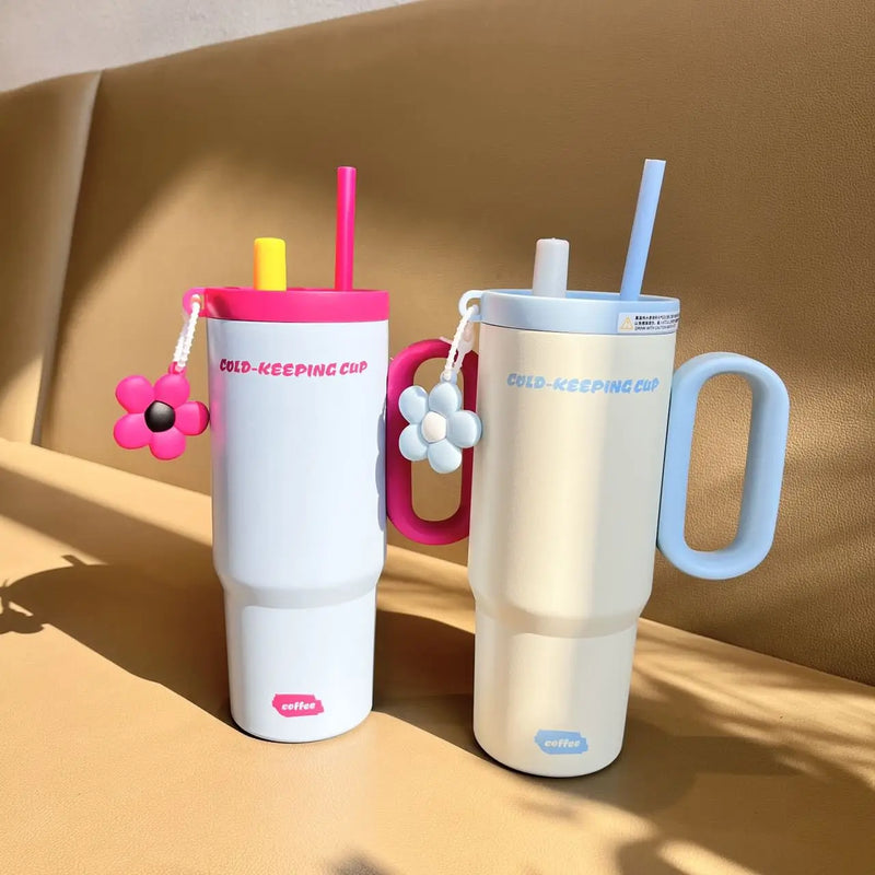 Large Capacity High Aesthetic Straw Water Bottle Couple Water Cup Girlfriend Gift Double Wall Insulated Stainless Steel Tumbler