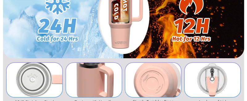 WATERSY 20/30/40oz Tumbler with Handle & Straw, Large Capacity Stainless Steel Thermal Cup, Vacuum Insulated Mug for Car, Travel
