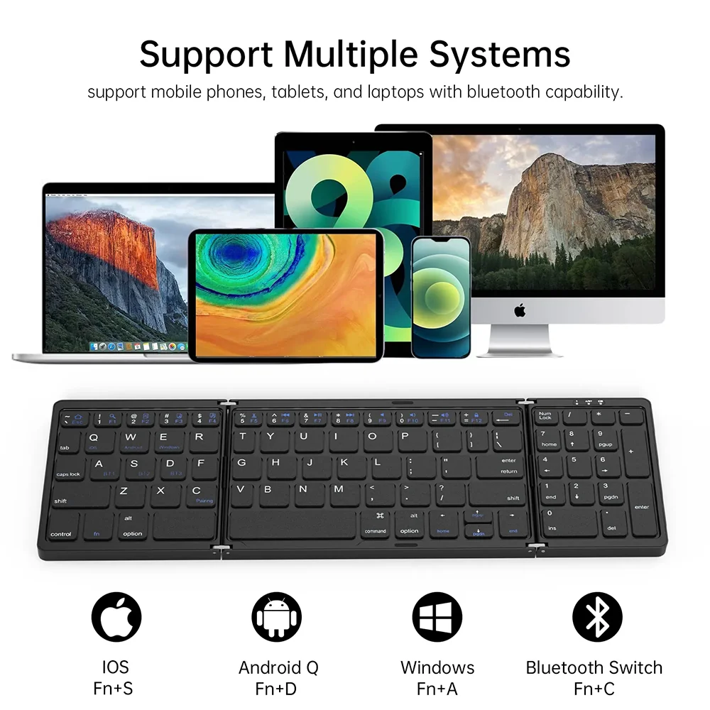 Folding Bluetooth Keyboard with Numeric Keypad Wireless Foldable Keyboard for iOS Android Windows Support 3 Devices