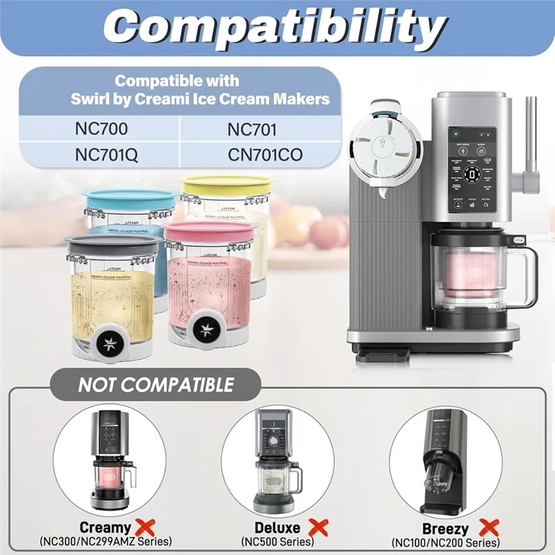 B47B-Soft Serve Maker Ice Cream& For Ninja NC701 NC700 Series Swirl Creami Machines 4 PCS 16 Oz Container Pints Lids